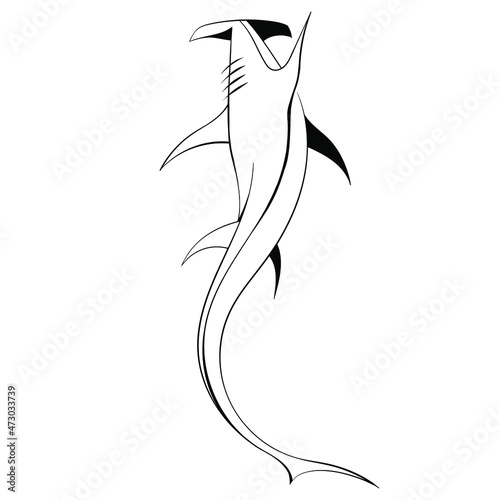 vector linear top silhouette illustration of hammerhead shark isolated on white background. useful for aquariums, aquariums, spearfishing, diving, underwater, logo, advertising, print, tattoo