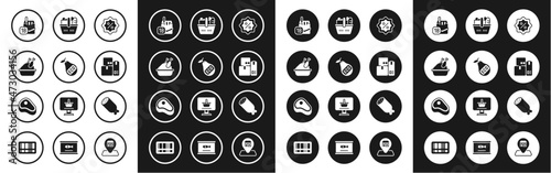 Set Discount percent tag, Healthy organic pear, Roasted turkey chicken, Cigarettes pack box, Cash register machine, Shopping basket and food, Salami sausage and Steak meat icon. Vector