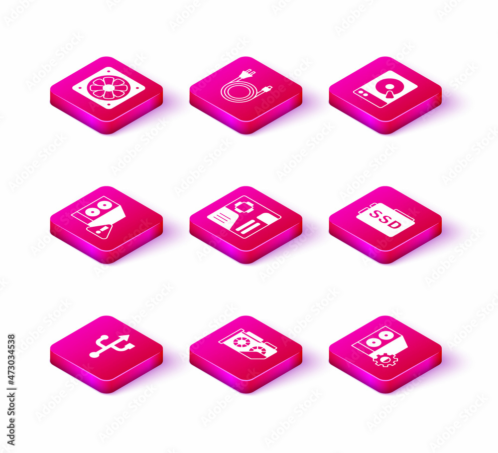 Set USB, Video graphic card, Case of computer, Motherboard digital chip, SSD, Hard disk drive HDD and Electric plug icon. Vector Set USB, Video graphic card, Case of computer, Motherboard digital chip, SSD, Hard disk drive HDD and Electric plug icon. Vector