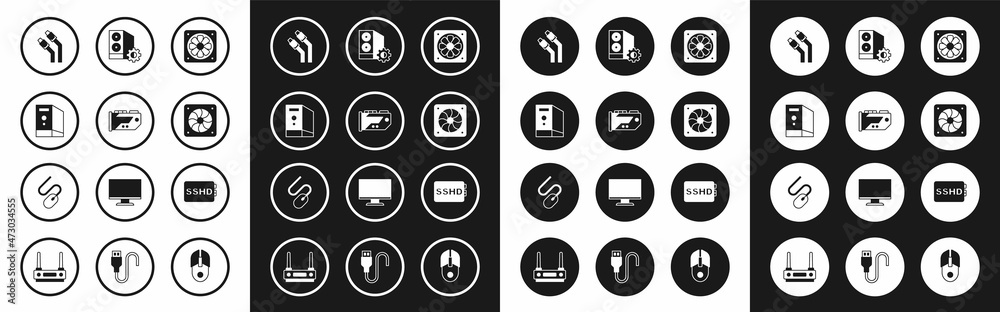 Set Computer cooler, Video graphic card, Case of computer, LAN cable network internet, SSHD and mouse icon. Vector Set Computer cooler, Video graphic card, Case of computer, LAN cable network internet, SSHD and mouse icon. Vector