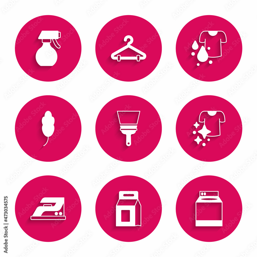 Set Rubber cleaner for windows, Laundry detergent, Washer, Drying clothes, Electric iron, Feather, Dirty t-shirt and Water spray bottle icon. Vector Set Rubber cleaner for windows, Laundry detergent, Washer, Drying clothes, Electric iron, Feather, Dirty t-shirt and Water spray bottle icon. Vector