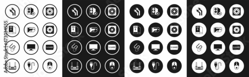 Set Computer cooler, Video graphic card, Case of computer, LAN cable network internet, SSHD and mouse icon. Vector