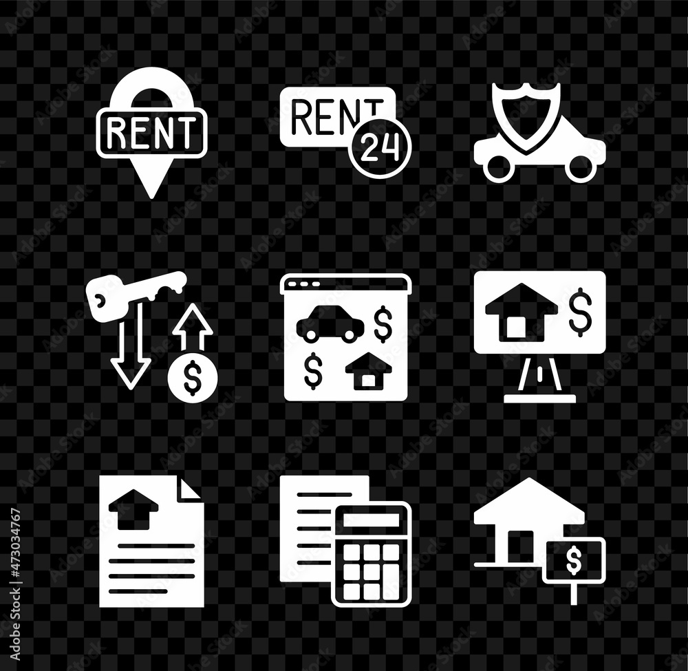 Set Location key, Rent, Car with shield, House contract, Calculator, dollar, and Online real estate icon. Vector Set Location key, Rent, Car with shield, House contract, Calculator, dollar, and Online real estate icon. Vector