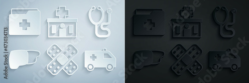 Set Crossed bandage plaster, Stethoscope, Human organ liver, Ambulance car, Hospital building and Patient record icon. Vector