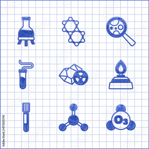 Set Radioactive, Molecule, Ozone, Alcohol or spirit burner, Test tube, Microorganisms under magnifier and icon. Vector