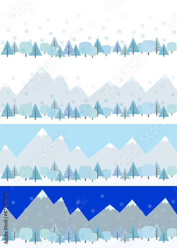 Fototapeta Naklejka Na Ścianę i Meble -  Set of editable vector pictures of winter forest and mountains in doodle style. Can be repeated horizontally.