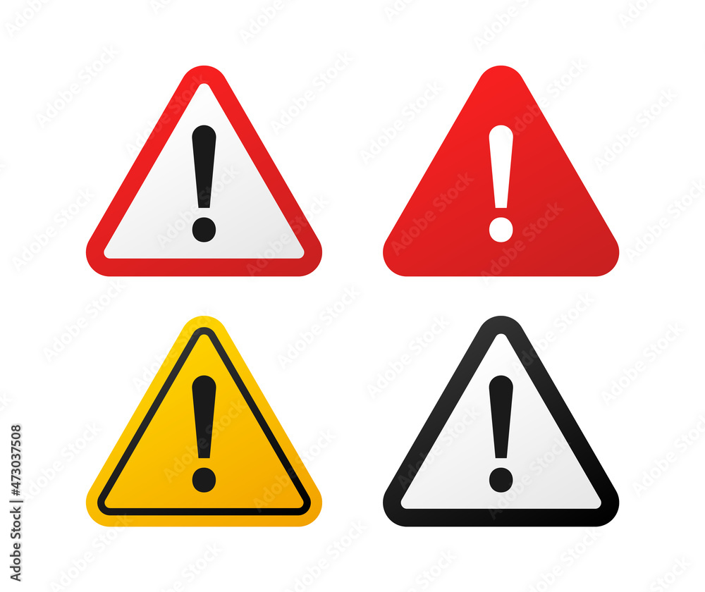 Warning and danger sign set. Attention sign with exclamation mark. Caution icon. Alert symbol. Vector illustration. Warning and danger sign set. Attention sign with exclamation mark. Caution icon. Alert symbol. Vector illustration.
