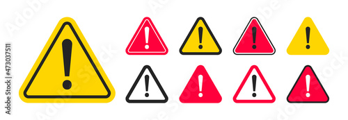 Warning and danger sign set. Attention sign with exclamation mark. Caution icon. Alert symbol. Vector illustration.