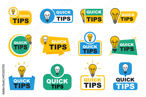Quick tips badge set. Quick tips logo with light bulb. Top tips, helpful tricks, tooltip, advice and idea for business and advertising. Vector illustration. photo