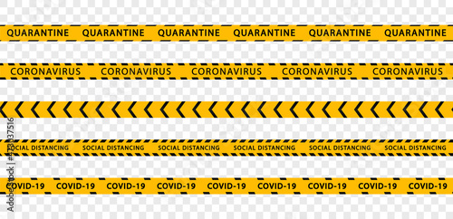 Set of quarantine stripes. Covid-19. Black and yellow warning tapes. Coronavirus danger zone. Cordon prohibition. Forbidden cross area.