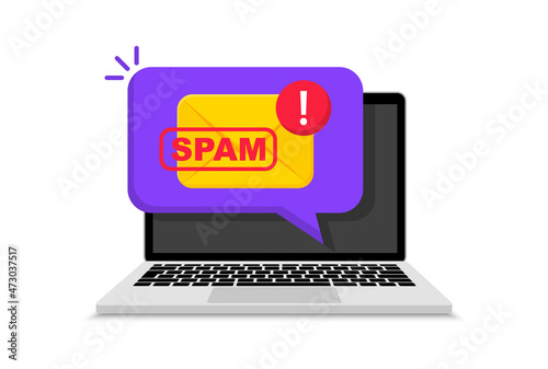 Spam email concept. Spam message on laptop screen. Warning and alert spam notification. Envelope with spam. Spamming mailbox. Virus, email fraud, e-mail spam concept. Vector Illustration.
