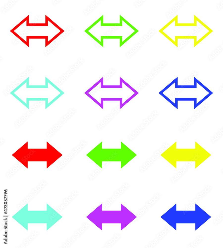 Set of Colorful Two Side Arrow Flat Style. Double arrow icon illustration isolated vector sign symbol for your project. Vector icon on white background Set of Colorful Two Side Arrow Flat Style. Double arrow icon illustration isolated vector sign symbol for your project. Vector icon on white background
