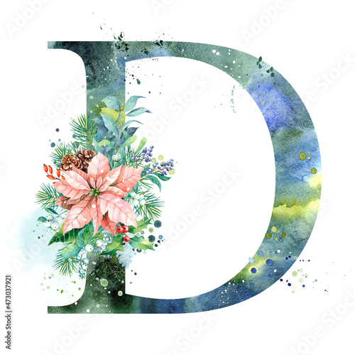 Watercolor Letter, Monogram D. Watercolor Design. Watercolor letter with Poinsettia.