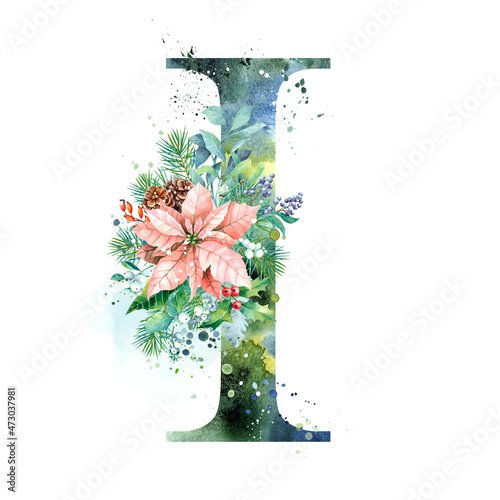 Watercolor Letter, Monogram I. Watercolor Design. Watercolor letter with Poinsettia.