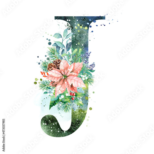 Watercolor Letter, Monogram J. Watercolor Design. Watercolor letter with Poinsettia.