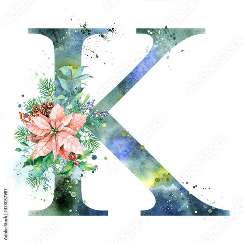 Watercolor Letter, Monogram K. Watercolor Design. Watercolor letter with Poinsettia.