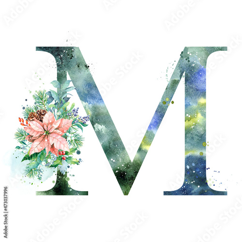 Watercolor Letter, Monogram M. Watercolor Design. Watercolor letter with Poinsettia.