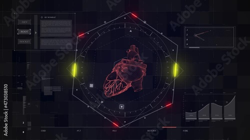 Human heart scan. Futuristic medical user interface with HUD and infographic elements. Virtual technology background. Head-up display template for business, games, motion design, web and app.