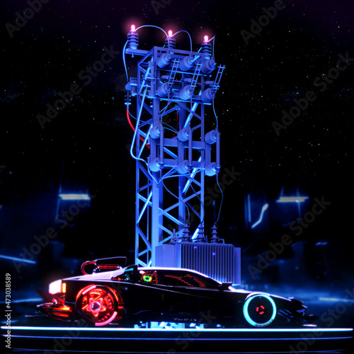 Fotografie Black Futuristic Car with Red and Blue Neon Lights on the Background of the Tower of Power Cables and a Clear Night Sky