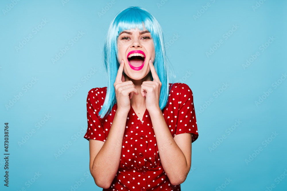 emotional woman in red dress blue wig red lips fashion emotional woman in red dress blue wig red lips fashion
