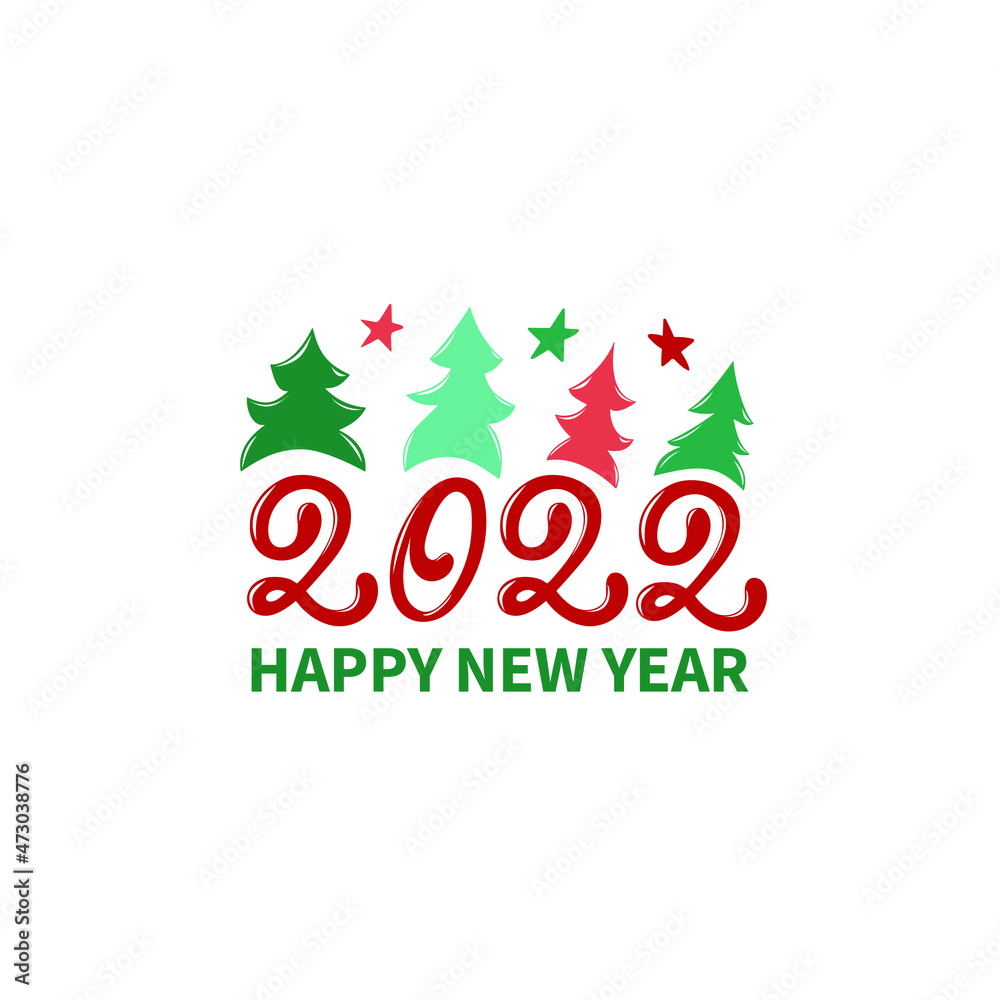 2022 Happy New Year greeting card with fir tree and stars drawing in simple. Hand lettering typography for winter holidays, postcard, celebration logo isolated on white background. Vector illustration 2022 Happy New Year greeting card with fir tree and stars drawing in simple. Hand lettering typography for winter holidays, postcard, celebration logo isolated on white background. Vector illustration