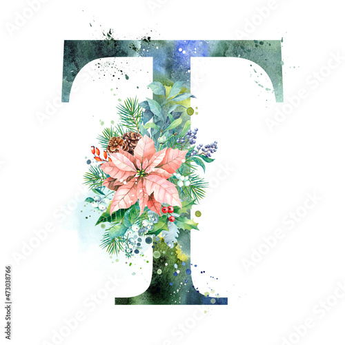 Watercolor Letter, Monogram T. Watercolor Design. Watercolor letter with Poinsettia.