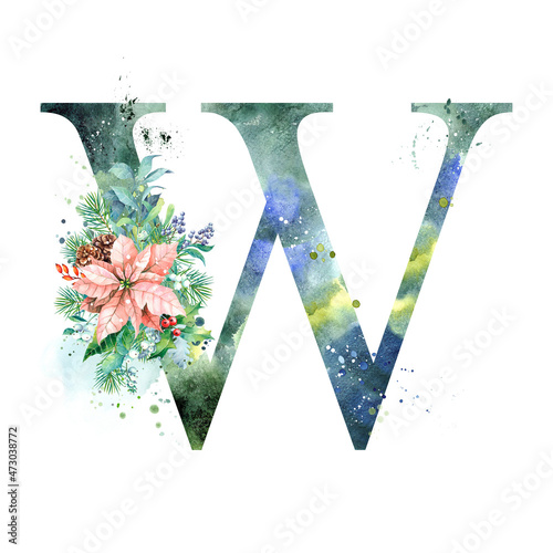 Watercolor Letter, Monogram W. Watercolor Design. Watercolor letter with Poinsettia.