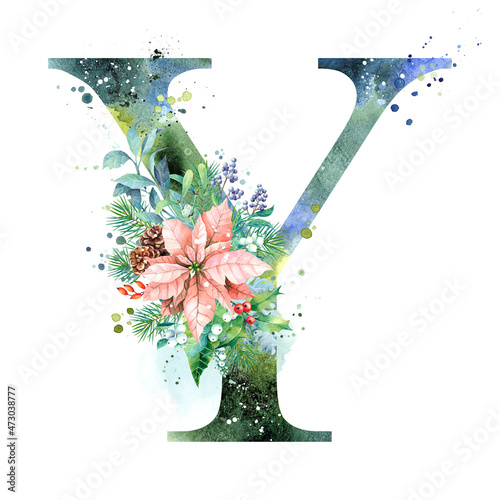 Watercolor Letter, Monogram Y. Watercolor Design. Watercolor letter with Poinsettia.