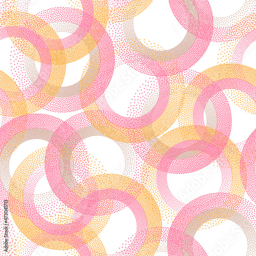 Circle ring shapes of dots contemporary vector seamless pattern.