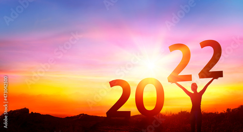 2022 Celebration New Year - Happy Woman At Sunrise - Contain 3d Rendering