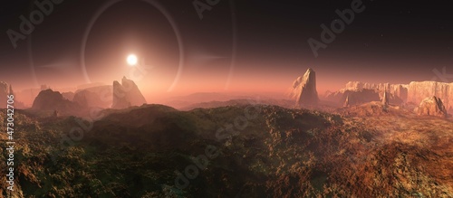 Fotografie, Tablou Magnificent landscape of Mars at sunset, panorama of the surface of an alien pla