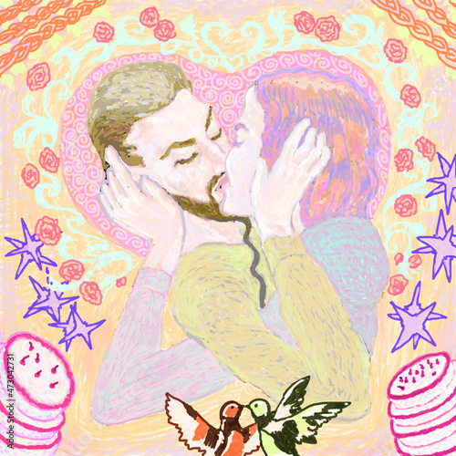 Romantic feelings of two person in sweet kiss easy as birds.