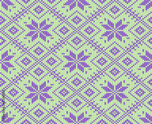 Knitted vector seamless geometric pattern with snowflakes