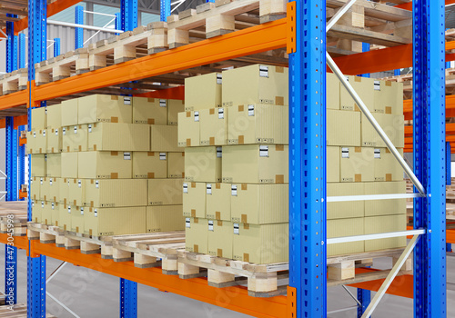 warehouse bins are filled with boxes. Warehouse bins for business. Metal shelving with wood pallets. Warehouse furniture with parcels close-up. Parcels on shelves of distribution center