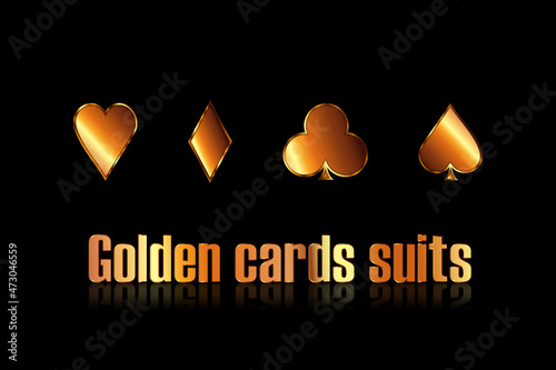 Golden cards suits. Casino background. Playing cards. Online cards games. Spades, diamonds, hearts, clubs.