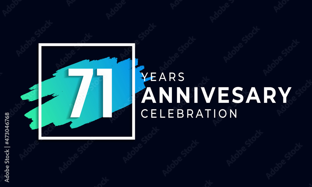 71 Year Anniversary Celebration with Blue Brush and Square Symbol. Happy Anniversary Greeting Celebrates Event Isolated on Black Background