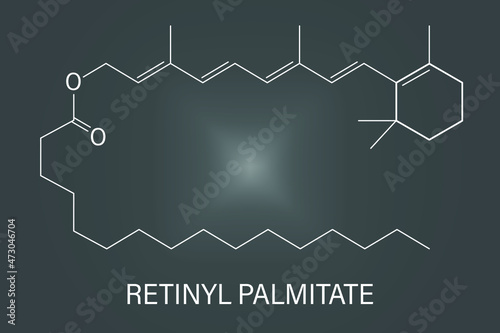 Retinyl palmitate vitamin supplement molecule. Ester of vitamin A, retinol, and palmitic acid. Skeletal formula.