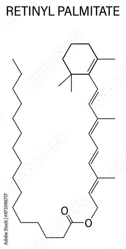 Retinyl palmitate vitamin supplement molecule. Ester of vitamin A, retinol, and palmitic acid. Skeletal formula.