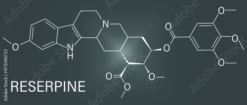 Reserpine alkaloid molecule. Isolated from Rauwolfia serpentina, Indian snakeroot. Skeletal formula. photo