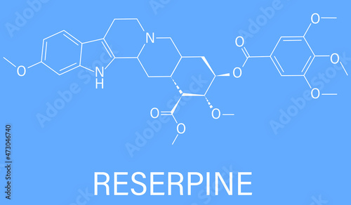 Reserpine alkaloid molecule. Isolated from Rauwolfia serpentina, Indian snakeroot. Skeletal formula. photo