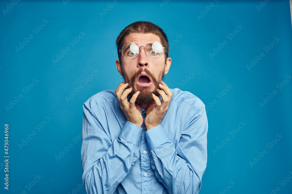 business man with glasses emotions blue background business man with glasses emotions blue background