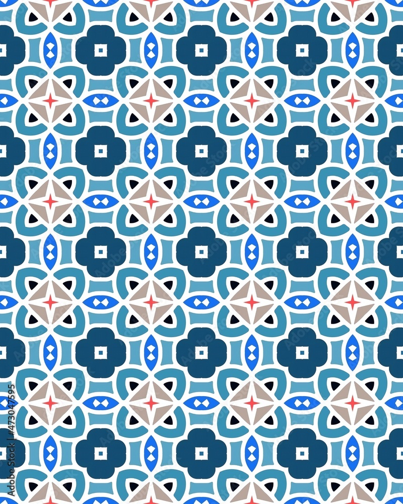 A seamless pattern with geometric shapes and flowers in blue tones A seamless pattern with geometric shapes and flowers in blue tones