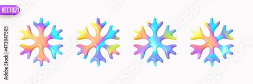 Christmas snowflake bright multicolored hologram gradient color. Holographic 3d decorative snowflake. The set is isolated on white background. New Year's elements. Vector illustration