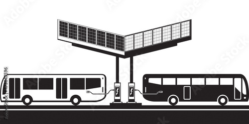 Electric buses at charging station with solar panels – vector illustration