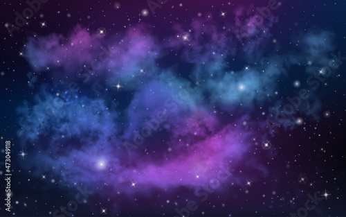 Vector high resolution deep space intergalactic panorama with stars  stardust  supernova  interstellar clouds  milky way  nebula on it. Realistic universe background for your work and design. 