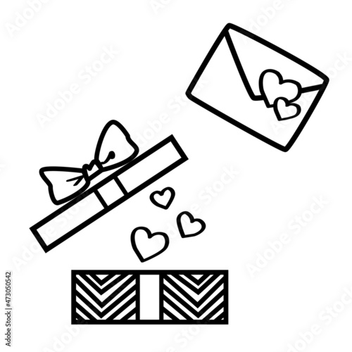 A festive set for Mother's Day and Valentine's Day. An open gift box with hearts filled with a festive item and a letter with a heart seal.