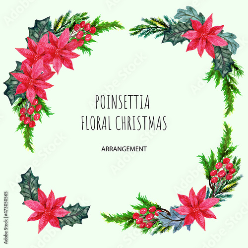 watercolor poinsettia christmas frame with holly berries