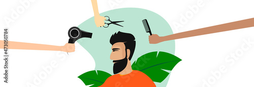 A man in a barbershop cuts his hair with many hands. 
