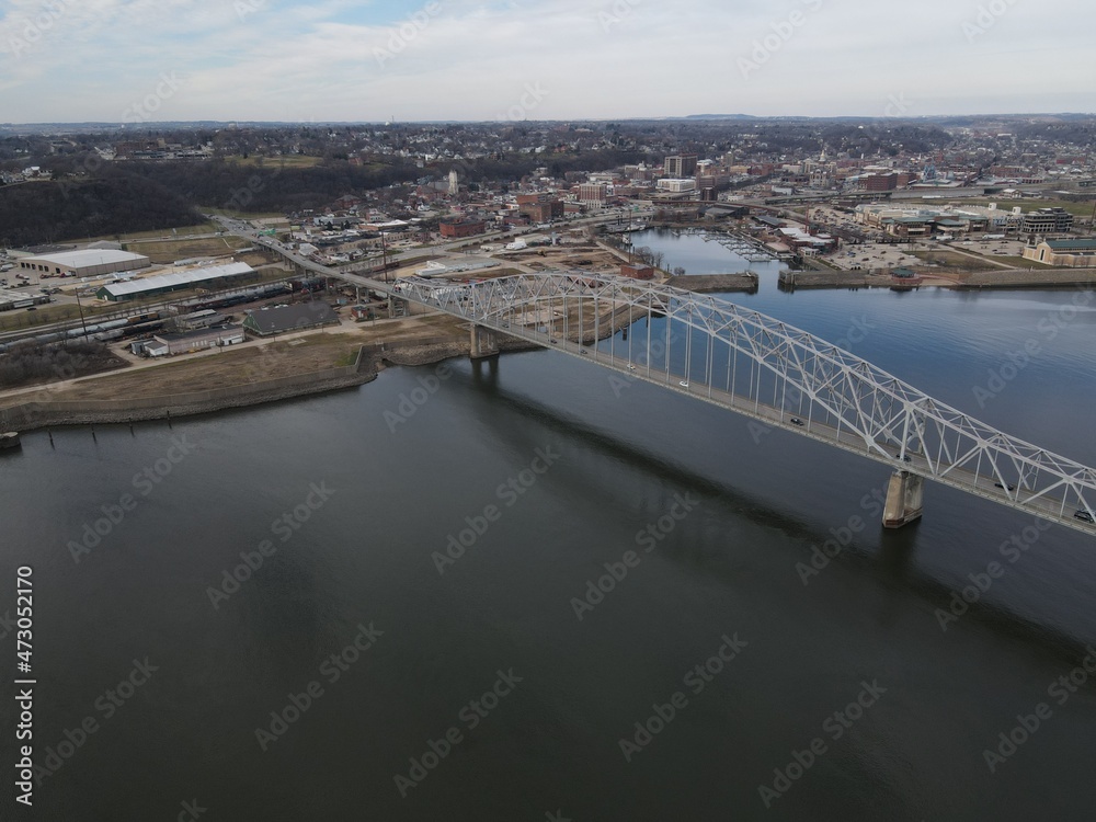 Aerial view of the City of Dubuque from atop the Mississippi River. 