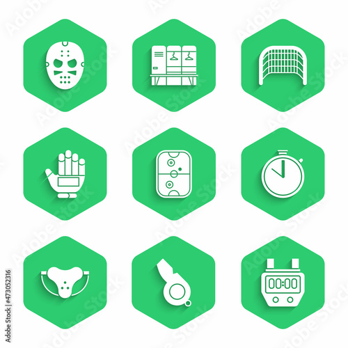 Set Air hockey table, Whistle, Stopwatch, Protective sport jockstrap, Hockey glove, Ice goal and mask icon. Vector